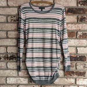 🩷 Sienna Sage Pink White & Grey Long Striped Lightweight Sweater L